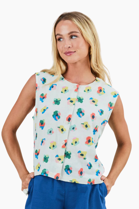 Blusa Brava Mini Flower ecru de lino con estampado floral y corte cómodo