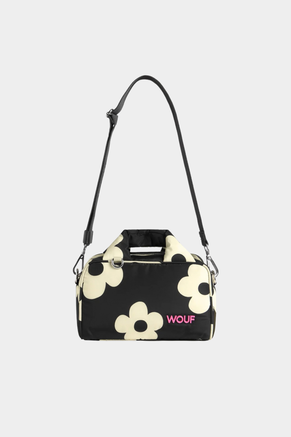 Bolso bowling Wouf Night Daisy negro con flores blancas, asas acolchadas y correa ajustable extraíble