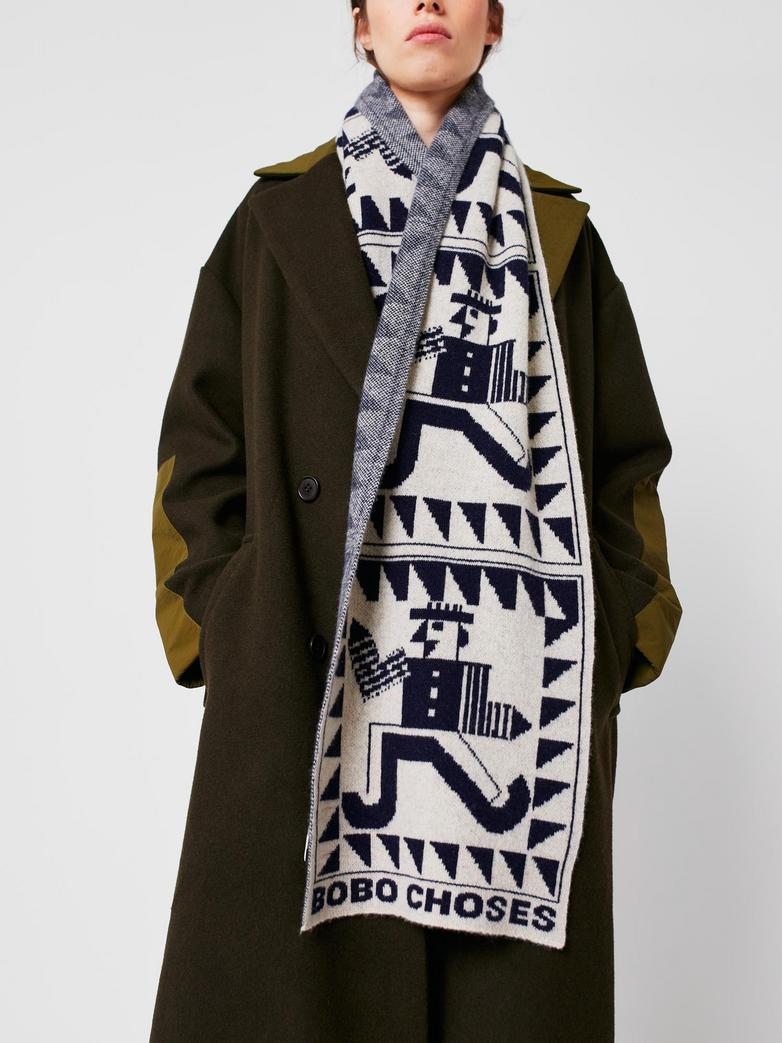 Bufanda Bobo Choses Mr Pencil mujer, azul marino, punto jacquard, 100% lana reciclada
