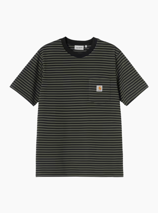 Camiseta Carhartt WIP S/S Verner Pocket con rayas negras y verdes y bolsillo con logo