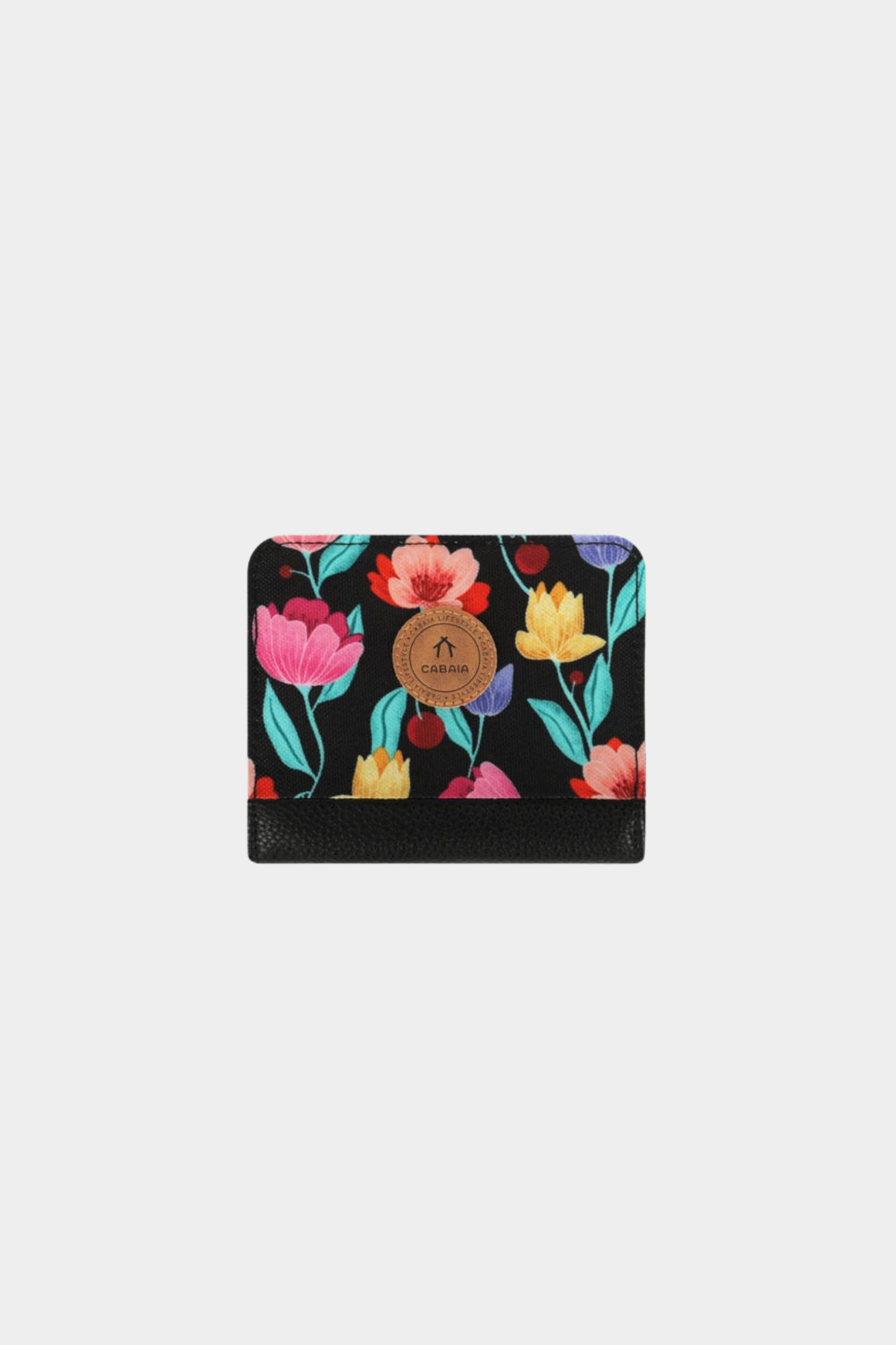 Cartera Small Genoa de Cabaia con estampado floral multicolor sobre fondo negro y cierre completo de cremallera