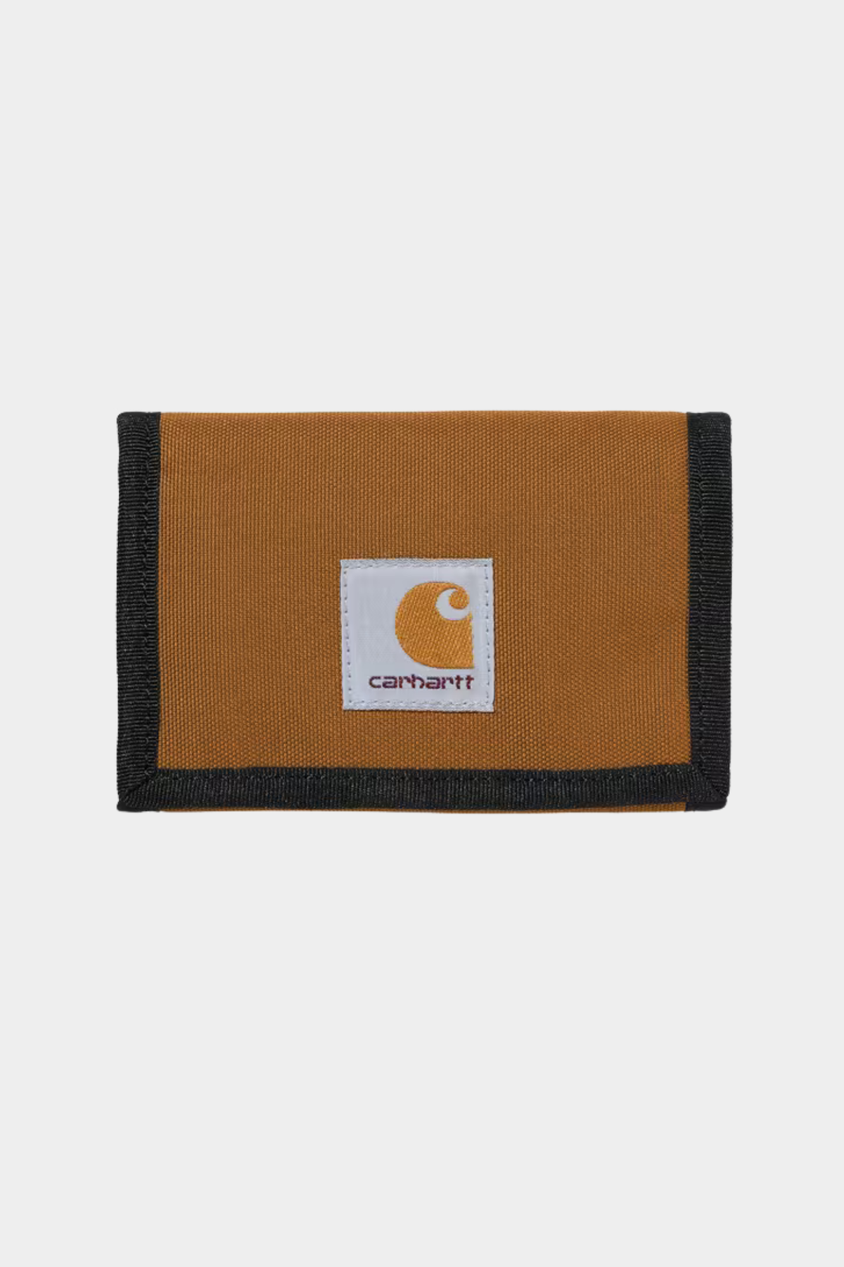 Cartera Carhartt WIP Alec Wallet Hamilton Brown en loneta marrón reciclada con cierre de velcro y Square Label frontal