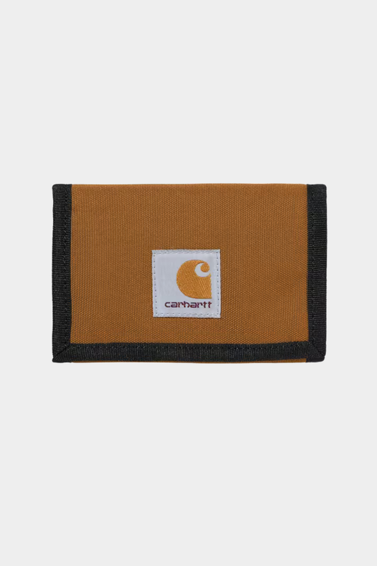 Cartera Carhartt WIP Alec Wallet Hamilton Brown en loneta marrón reciclada con cierre de velcro y Square Label frontal