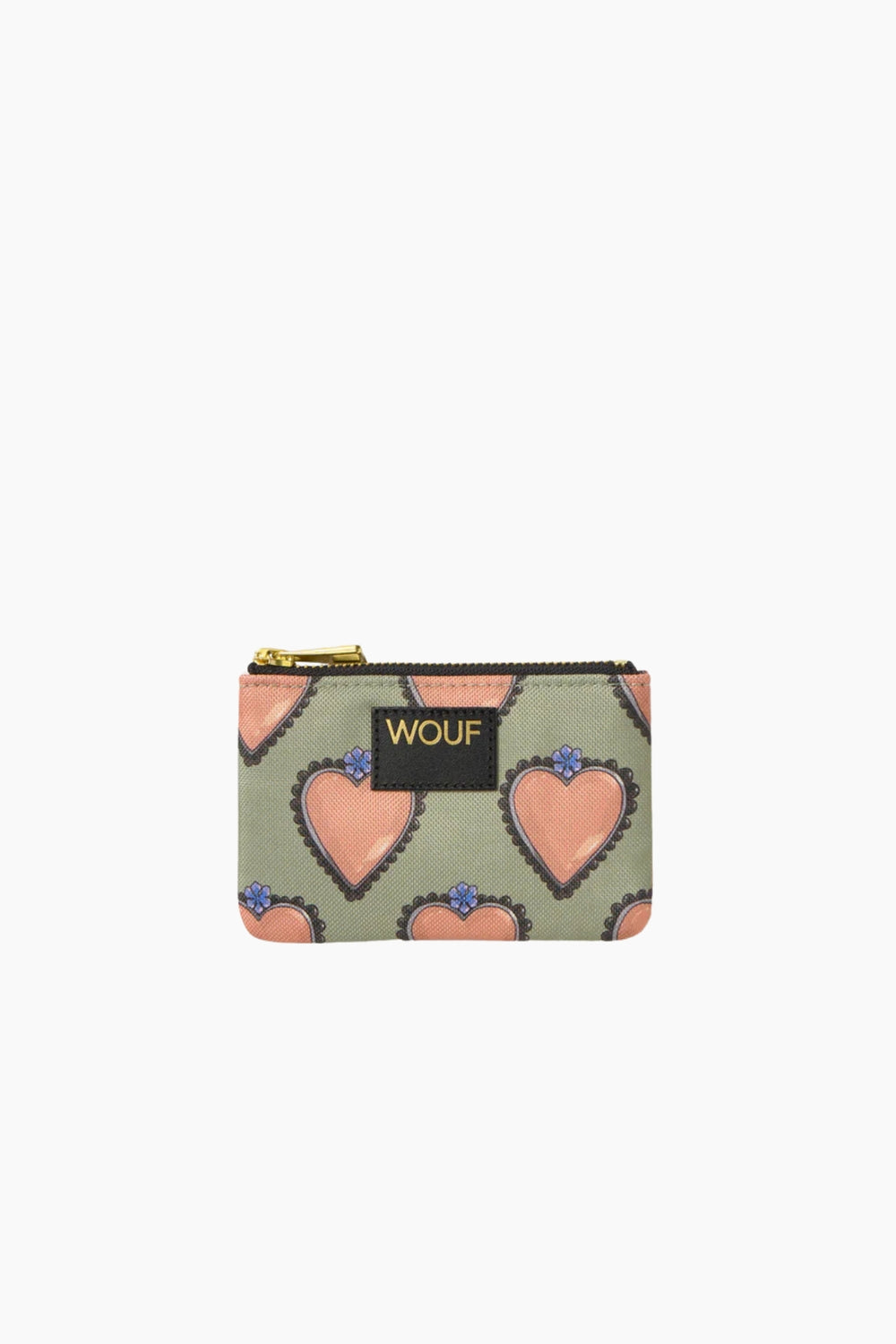 Cartera Wouf Glow con estampado de corazones en tonos rosa y verde y cremallera metálica