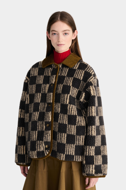 Chaqueta sherpa Almost Moiré de Bobo Choses para mujer en beige y negro con estampado de cuadros y cuello en contraste
