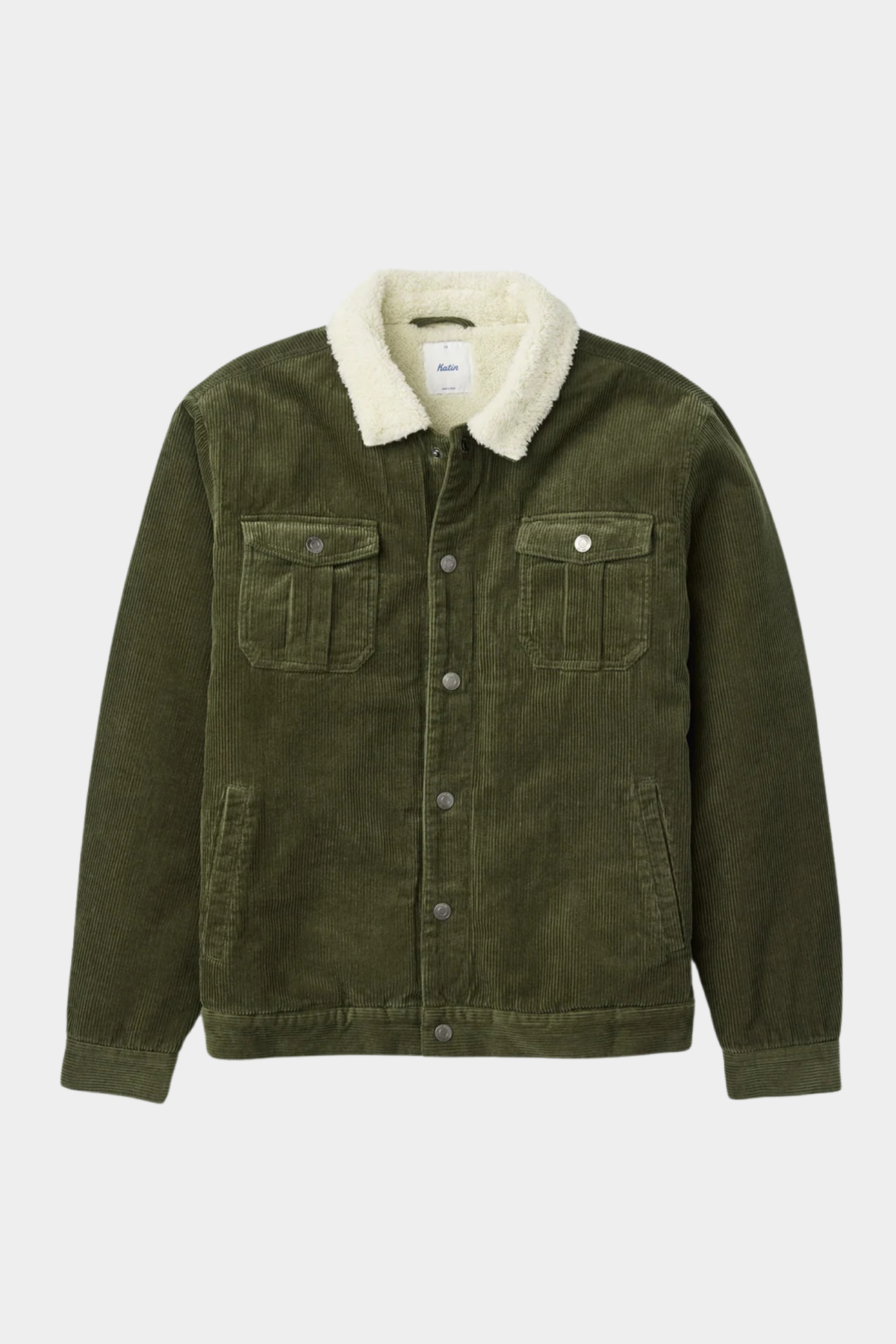 Chaqueta Harris de Katin USA para hombre en pana verde Dark Olive con cuello sherpa y bolsillos frontales