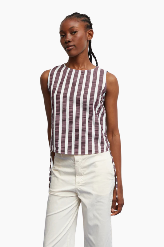 Cuerpo Travel Rayasber Dr Bloom con rayas berenjena y blanco y lazos laterales