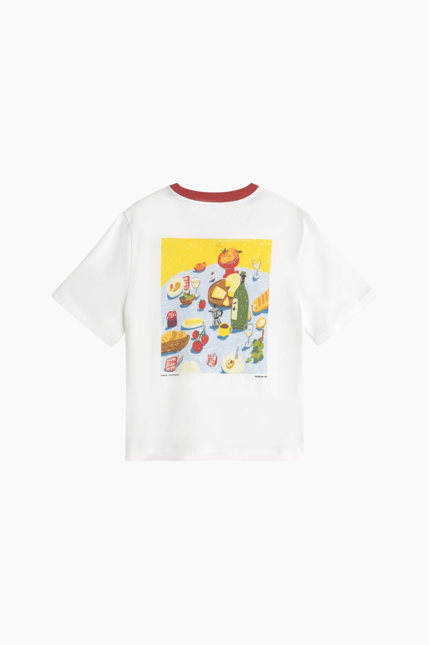 Detalle del estampado artístico de la camiseta Costumbres Zowie de Thinking Mu en algodón orgánico