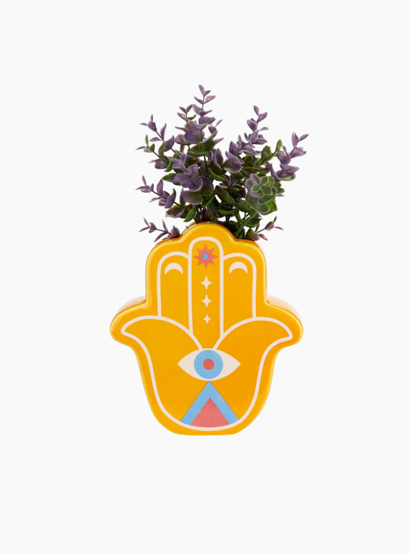 Florero Lucky Hand amarillo Balvi de cerámica con diseño de mano inspirado en la mano de Fátima