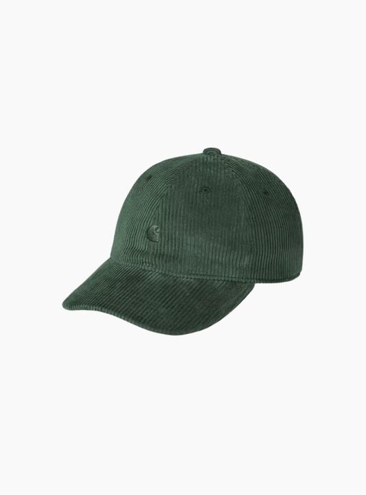 Gorra Carhartt WIP Harlem Cap color Sycamore Tree de pana con logo bordado