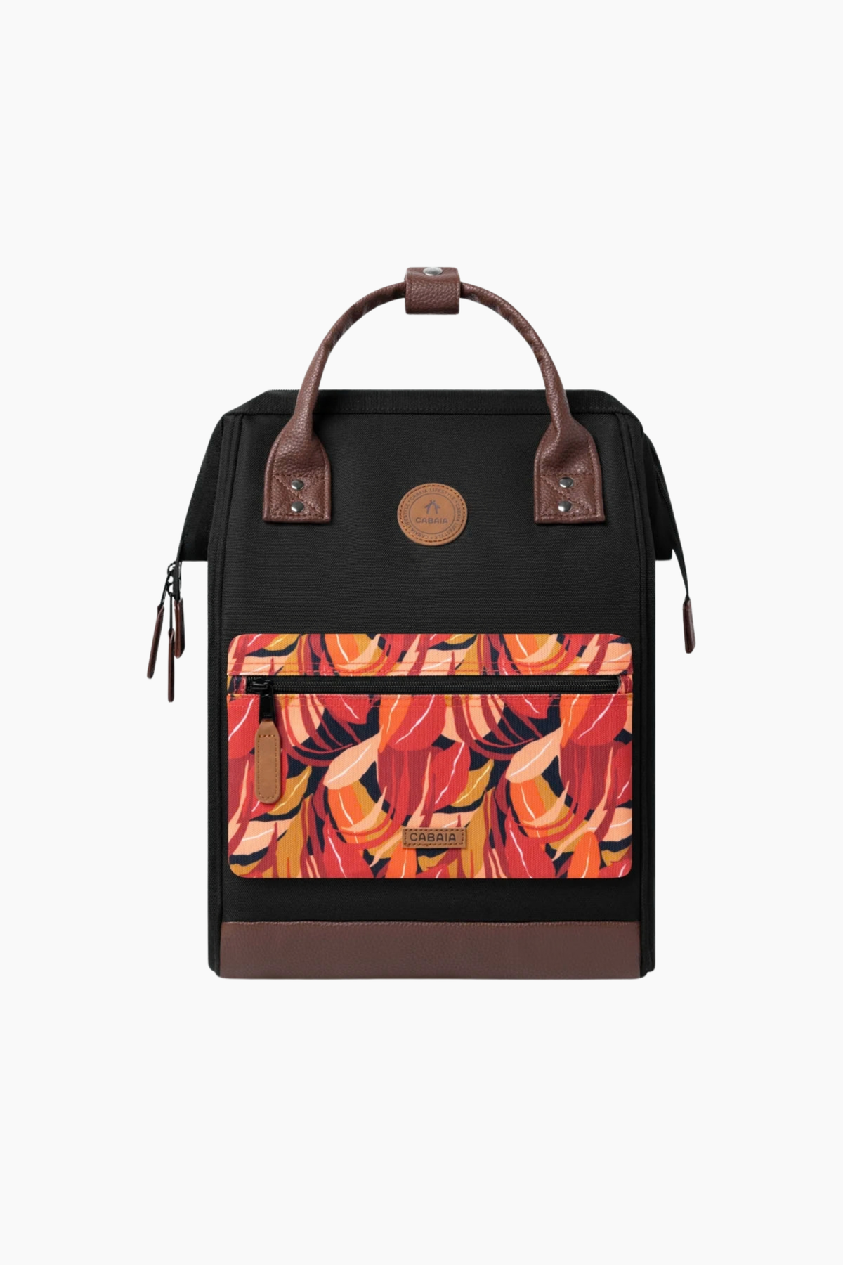 Mochila Cabaïa Adventurer Medium Managua negra con bolsillo frontal intercambiable de estampado rojo y naranja