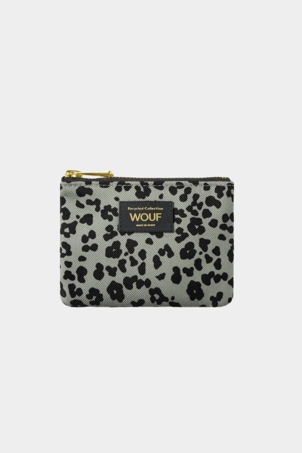 Monedero pequeño Wouf Steel Roar con animal print gris y negro, cierre YKK y etiqueta frontal negra