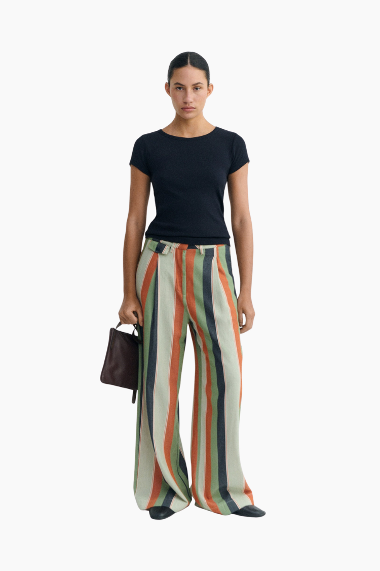 Pantalón mujer Thinking Mu wide leg de rayas multicolor en algodón orgánico tiro medio