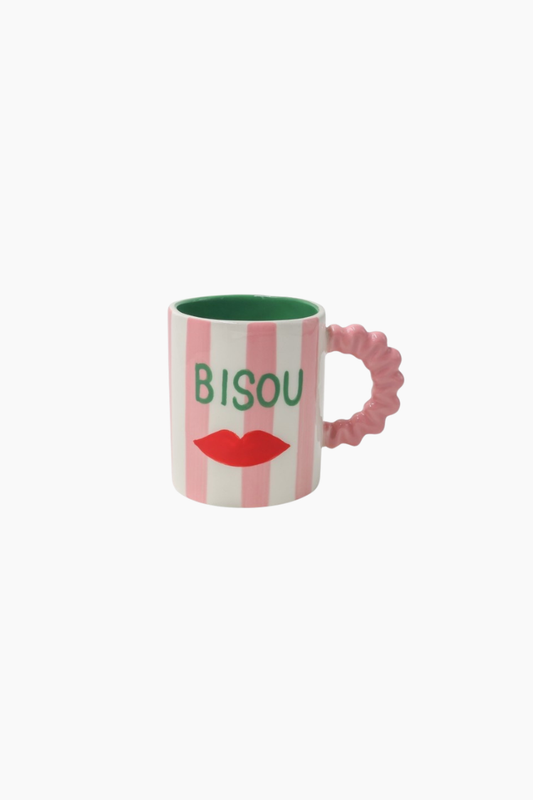 taza cerámica Qué Rico Daniela bisou bisou rayas rosa blanco