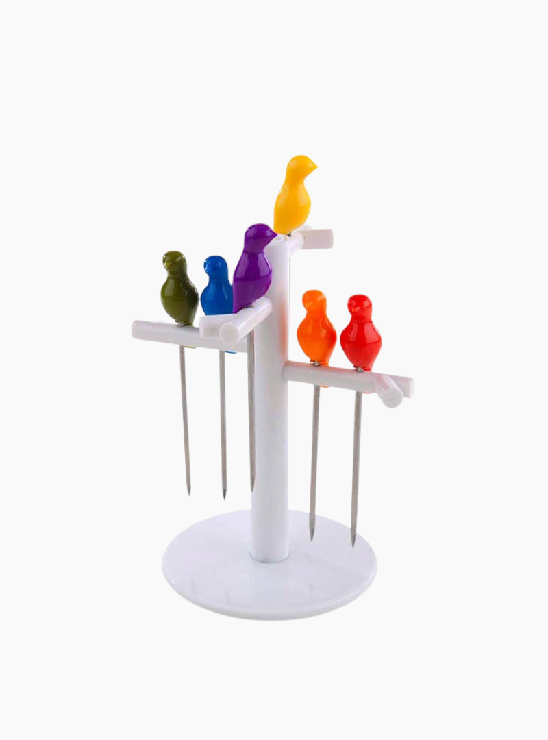 Set de tenedores Birdies de Balvi con pájaros de colores y soporte