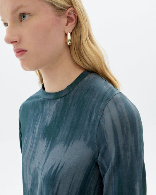 Top azul Thinking Mu Brisa para mujer en algodón orgánico con estampado y manga larga