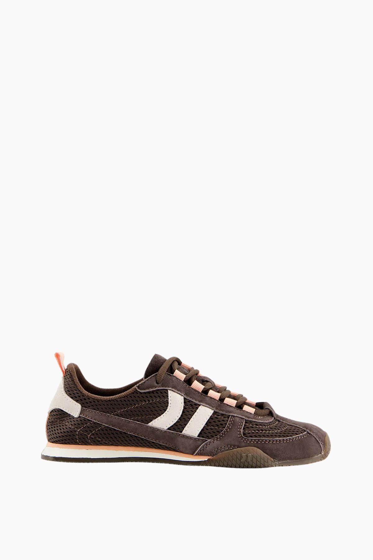 Zapatillas Coolway Nilo Raw Cacao de mujer en marrón chocolate con malla, serraje y piel, inspiradas en el running retro