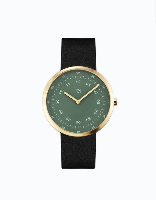 Reloj Dusty Olive Black de Maven con esfera verde oliva, caja de acero inoxidable y correa negra de cuero italiano.