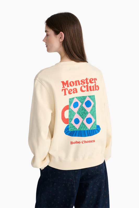 Sudadera Monster Mug de Bobo Choses para mujer en color crudo con gran gráfico trasero Monster Tea Club