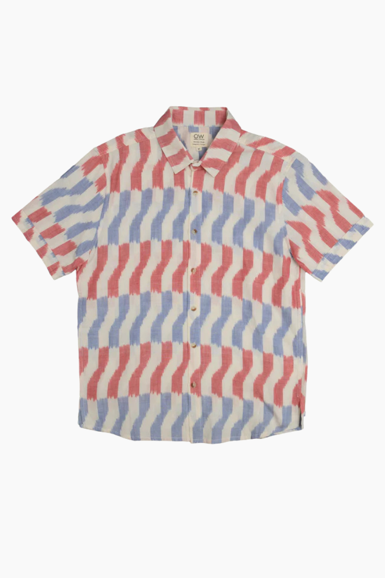 Camisa Otherwise Meraki rosa y azul tejida a mano en algodón ikat