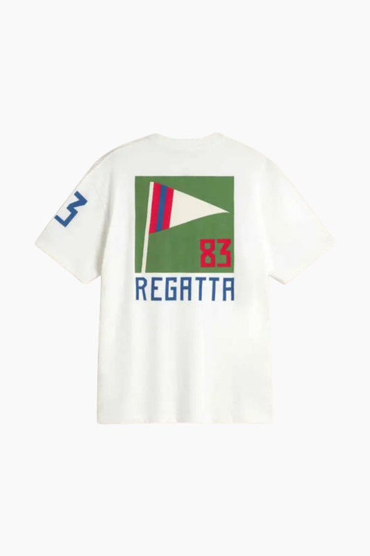 Camiseta Aaron Regatta de Thinking Mu para hombre en algodón orgánico blanco con estampado Regatta en espalda y logo en pecho.