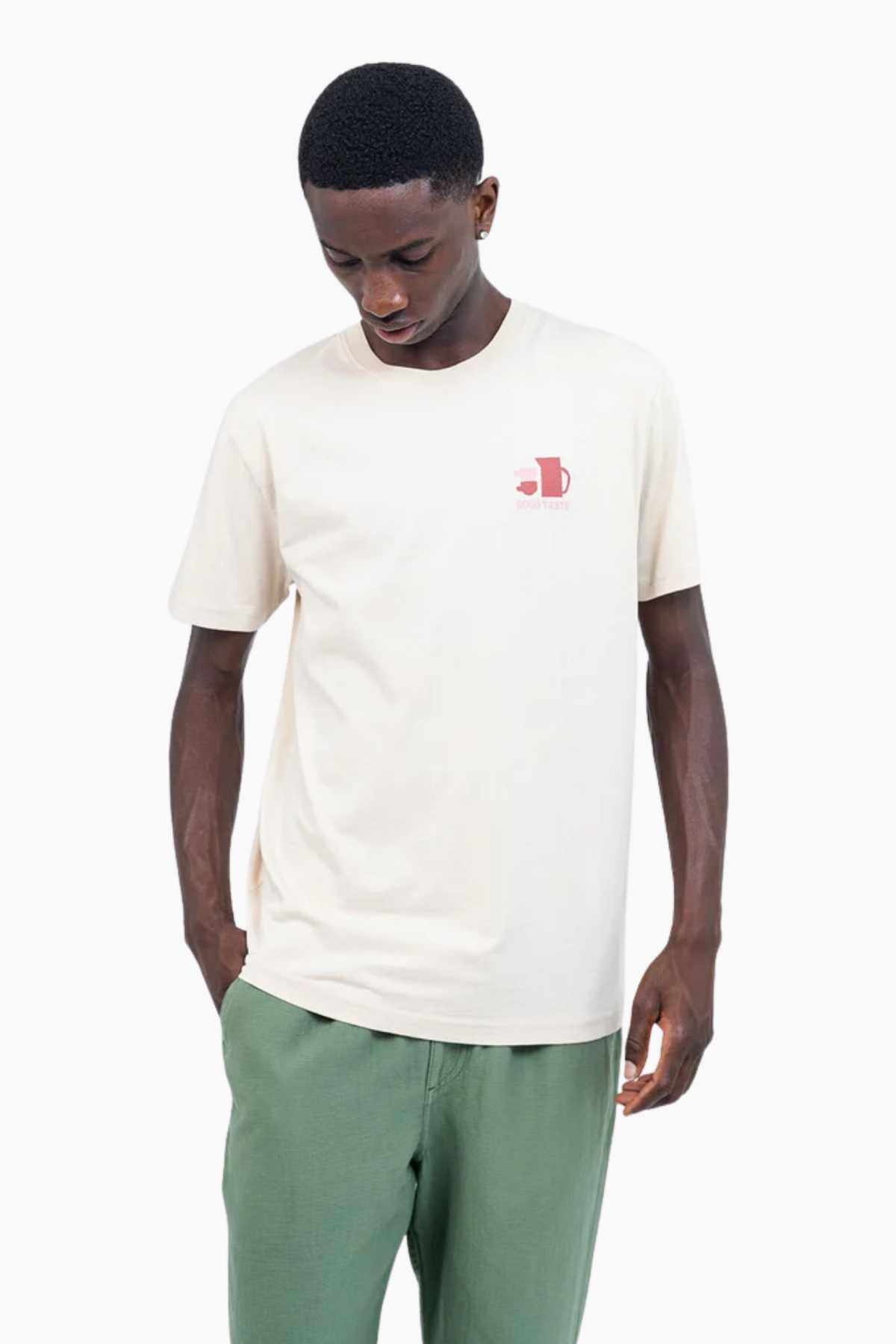 Camiseta Cream Local de OLOW para hombre en algodón orgánico GOTS color crema con pequeño gráfico frontal