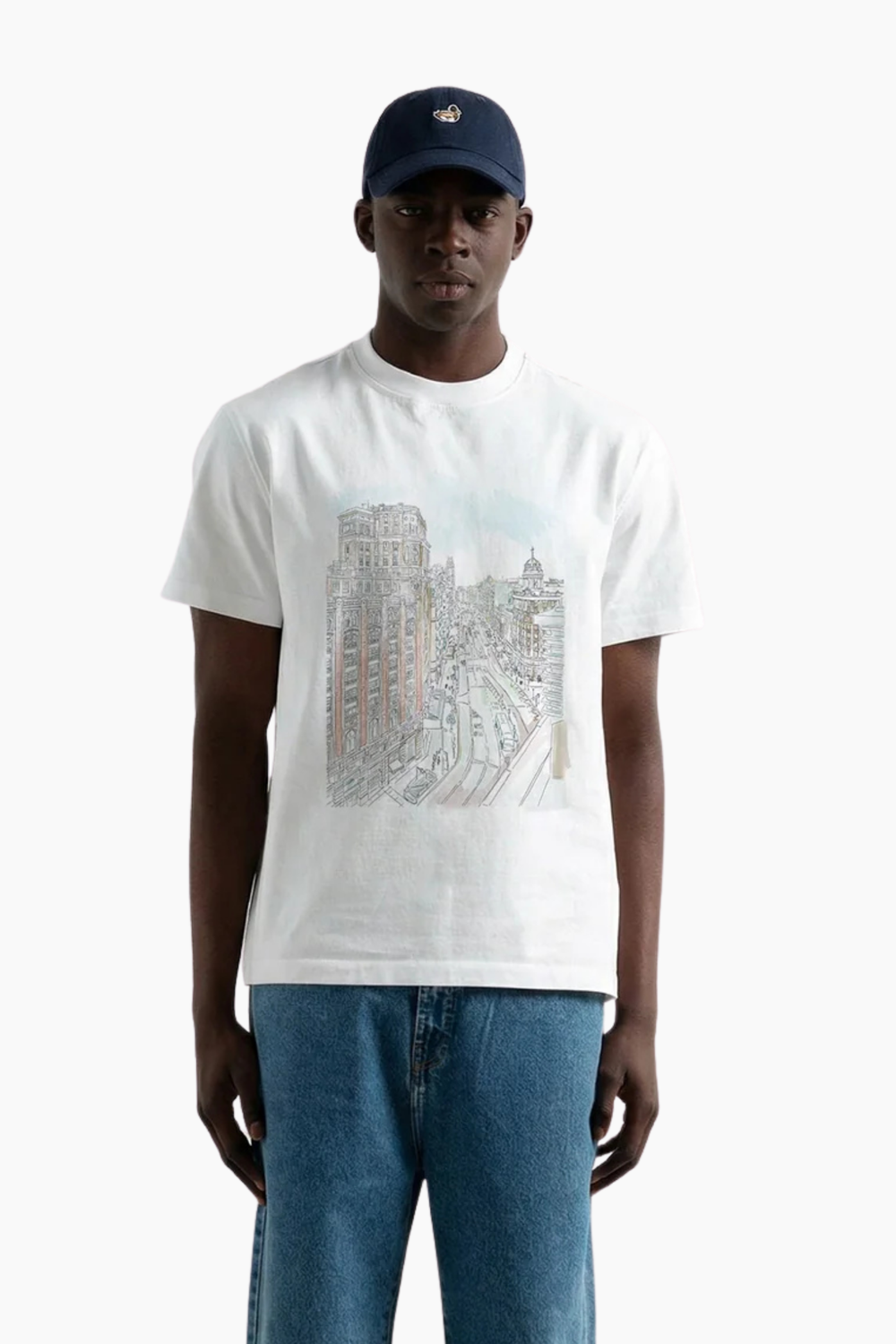 Camiseta Gran Vía de Edmmond Studios para hombre en algodón orgánico blanco con estampado de Madrid
