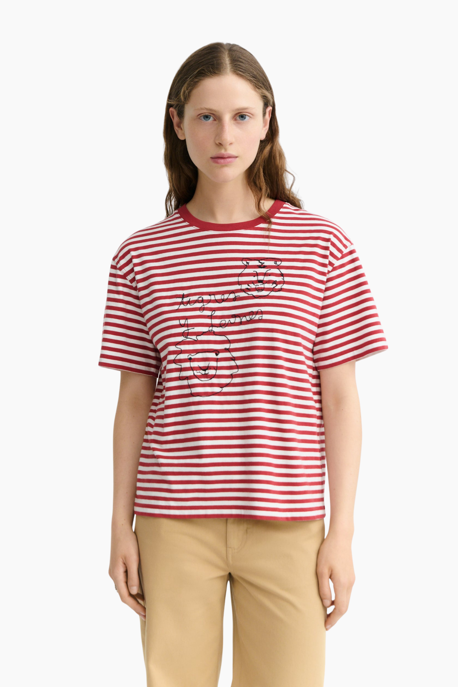 Camiseta de rayas rojas Lucia de Thinking Mu para mujer en algodón orgánico con tigres y leones bordados a mano