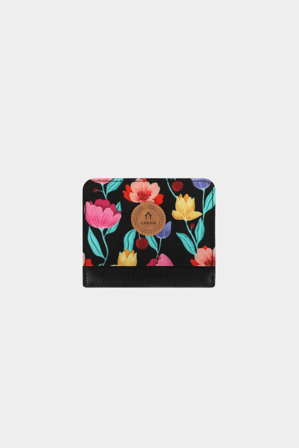 Cartera Small Genoa de Cabaia con estampado floral multicolor sobre fondo negro y cierre completo de cremallera