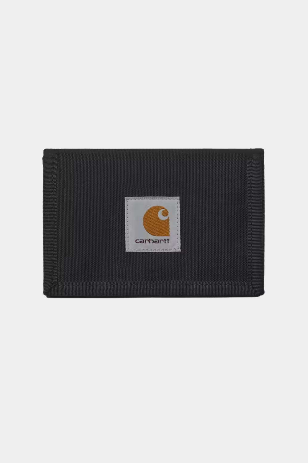 Cartera Carhartt WIP Alec Wallet Black en loneta negra reciclada con cierre de velcro y Square Label frontal