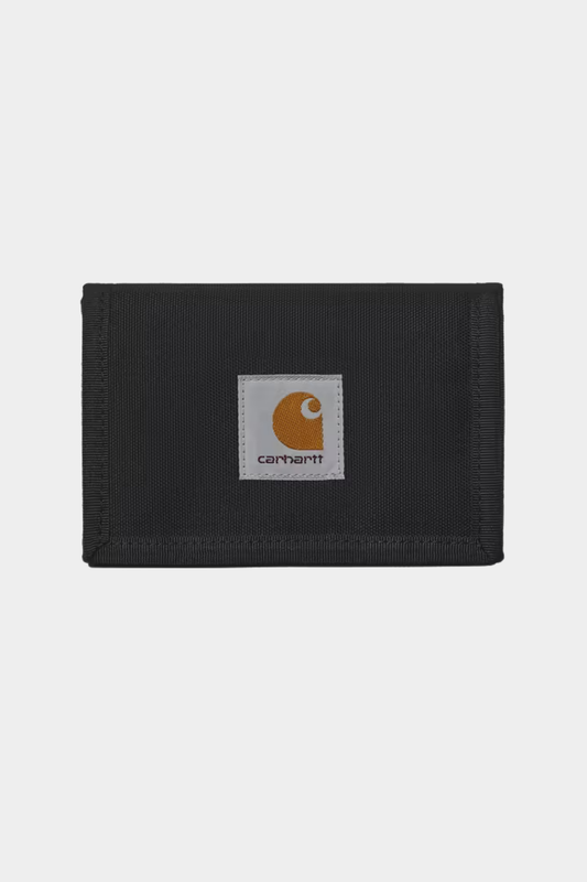 Cartera Carhartt WIP Alec Wallet Black en loneta negra reciclada con cierre de velcro y Square Label frontal