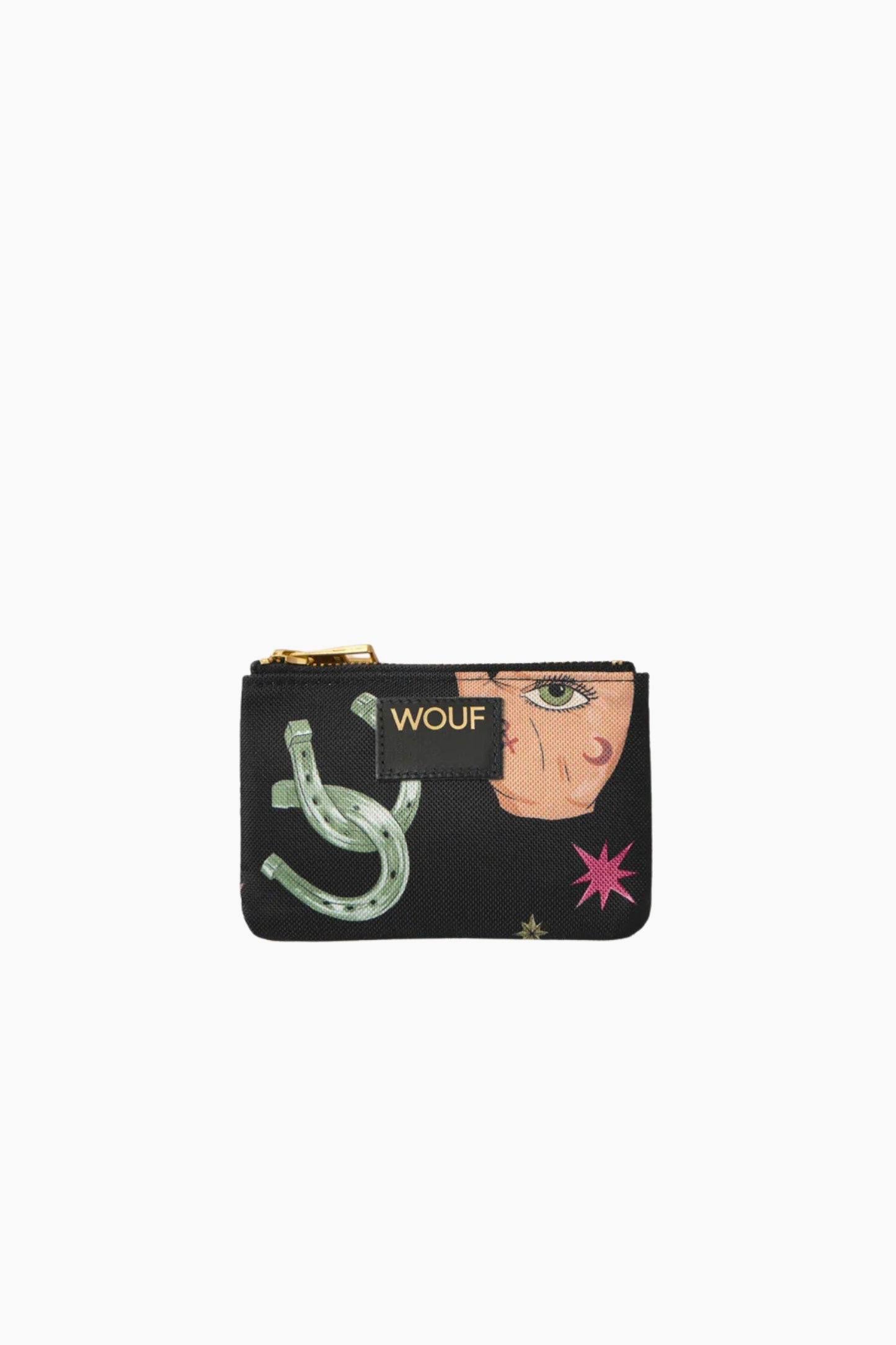 Cartera Wouf Fortune negra con estampado de herradura, rostro ilustrado y detalles gráficos