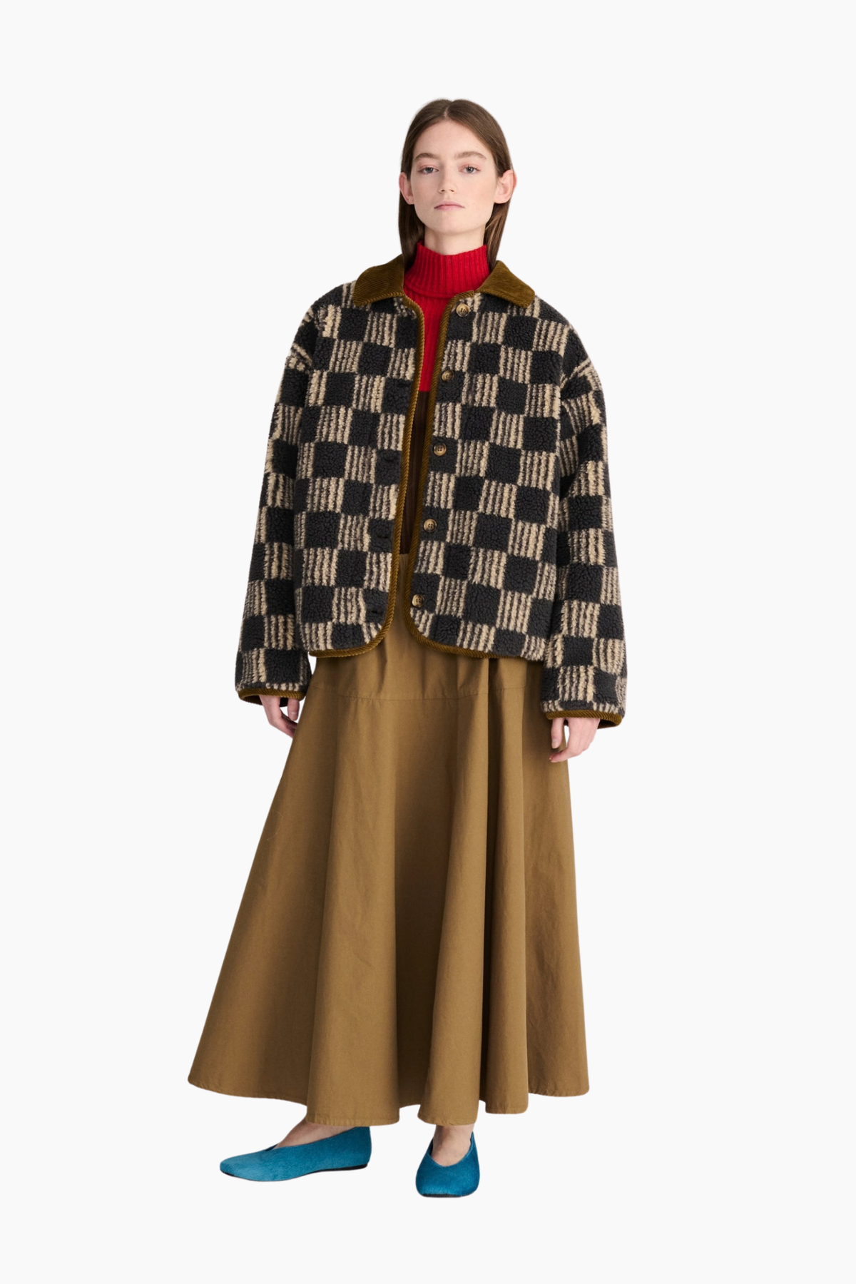 Chaqueta Bobo Choses Almost Moiré puesta, con corte relajado y estampado integral de cuadros en beige y negro
