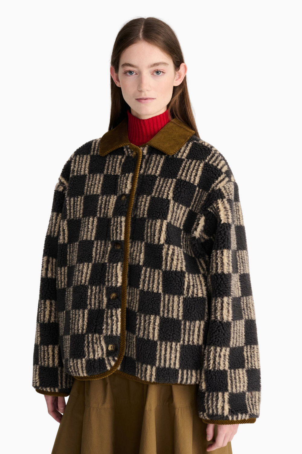 Chaqueta sherpa Almost Moiré de Bobo Choses para mujer en beige y negro con estampado de cuadros y cuello en contraste