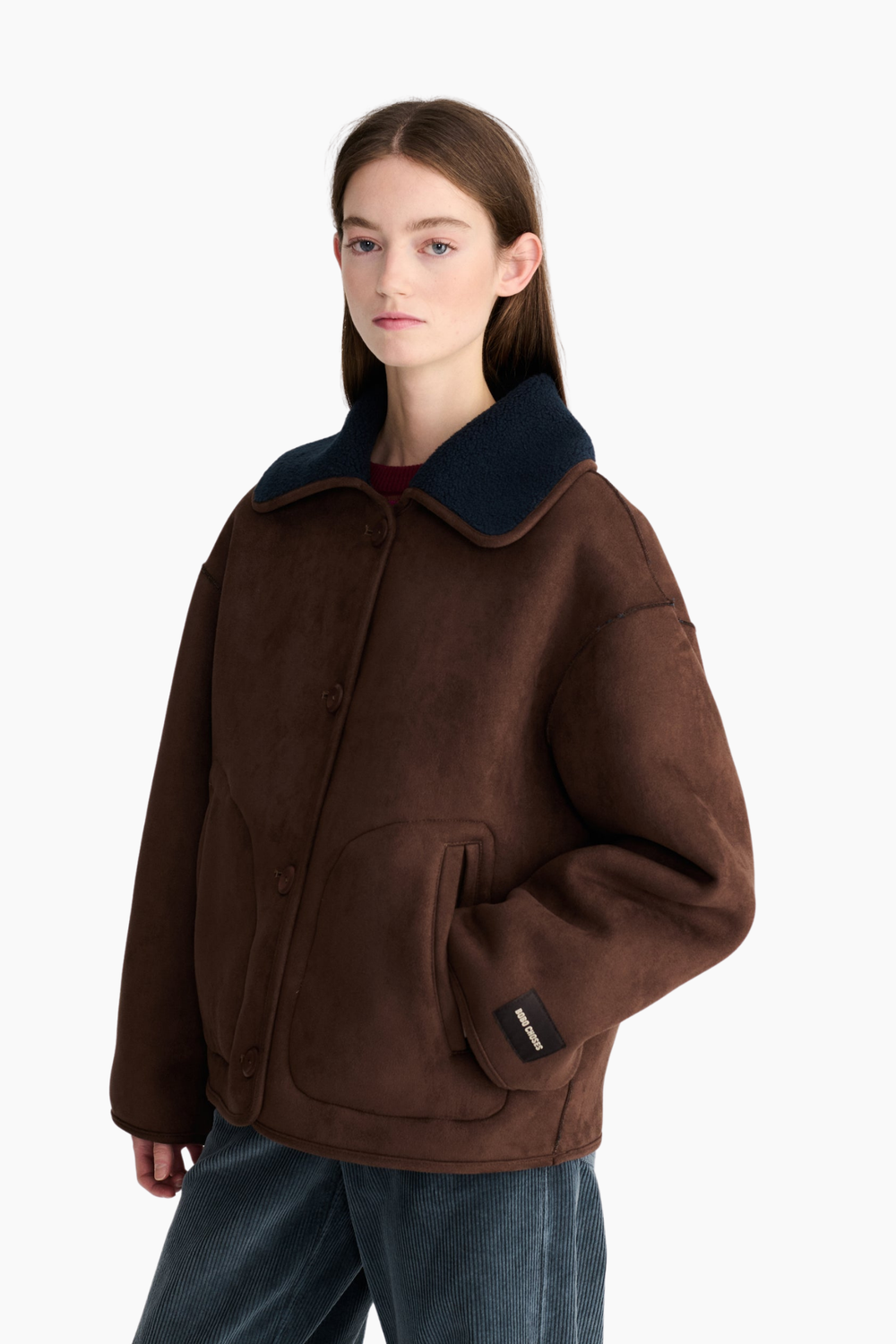 Chaqueta reversible Soft Sherpa de Bobo Choses para mujer en marrón con cuello azul marino y corte relajado