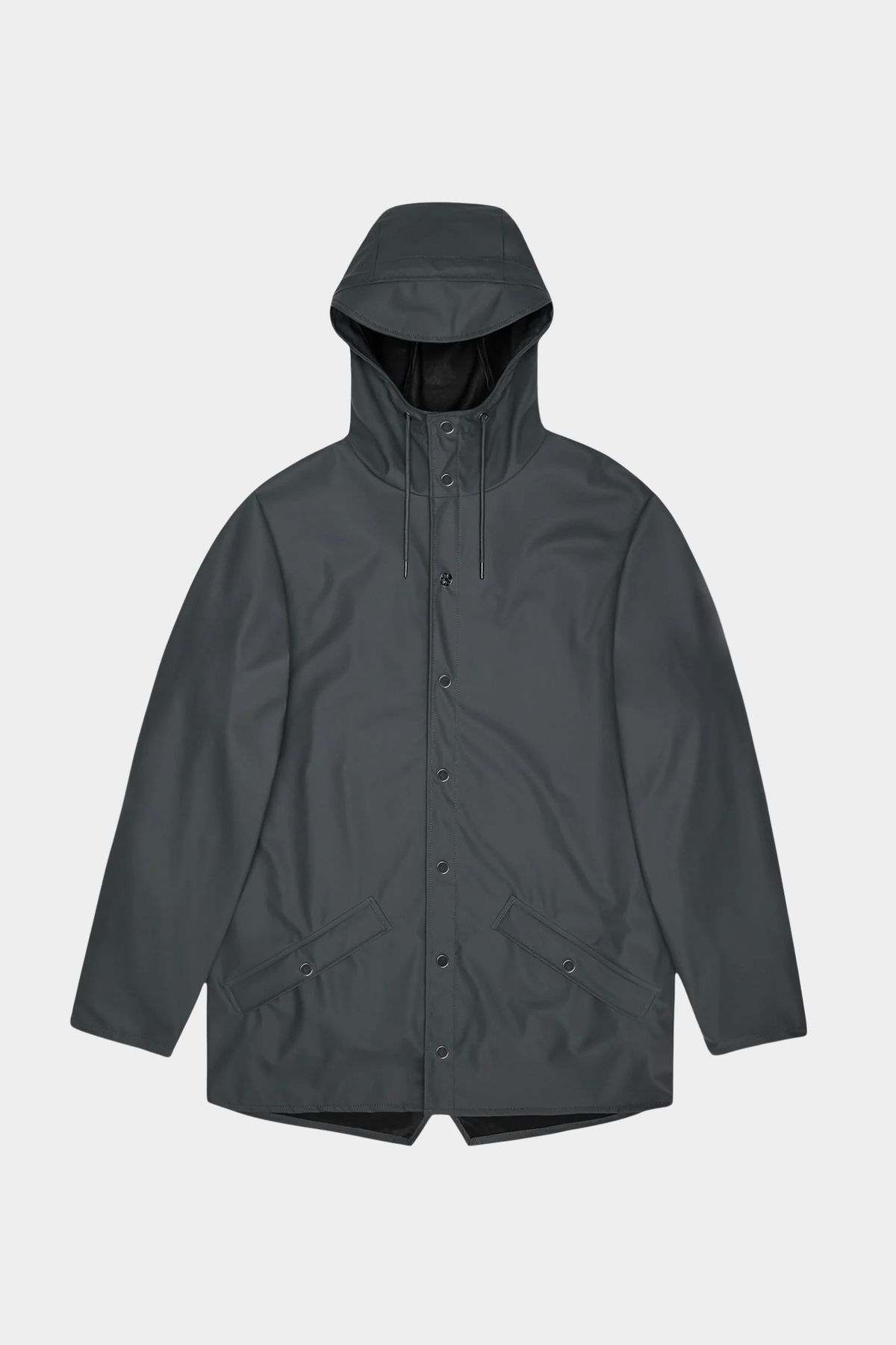 Chubasquero unisex Rains Jacket Dark Grey impermeable con capucha, cierre a presión y corte largo