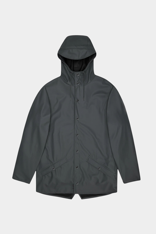 Chubasquero unisex Rains Jacket Dark Grey impermeable con capucha, cierre a presión y corte largo