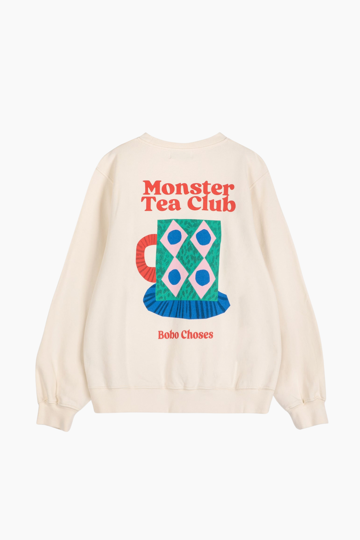 Detalle del gráfico trasero Monster Tea Club de la sudadera Monster Mug de Bobo Choses en color crudo