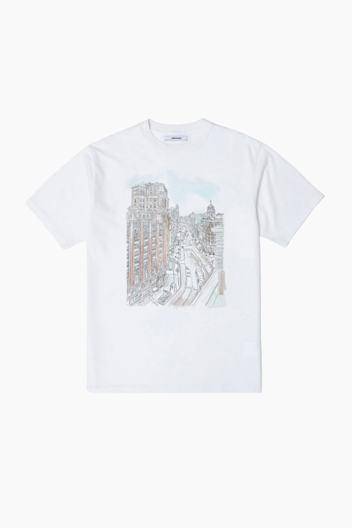 Detalle de la ilustración de Madrid en la camiseta Gran Vía de Edmmond Studios para hombre en algodón orgánico