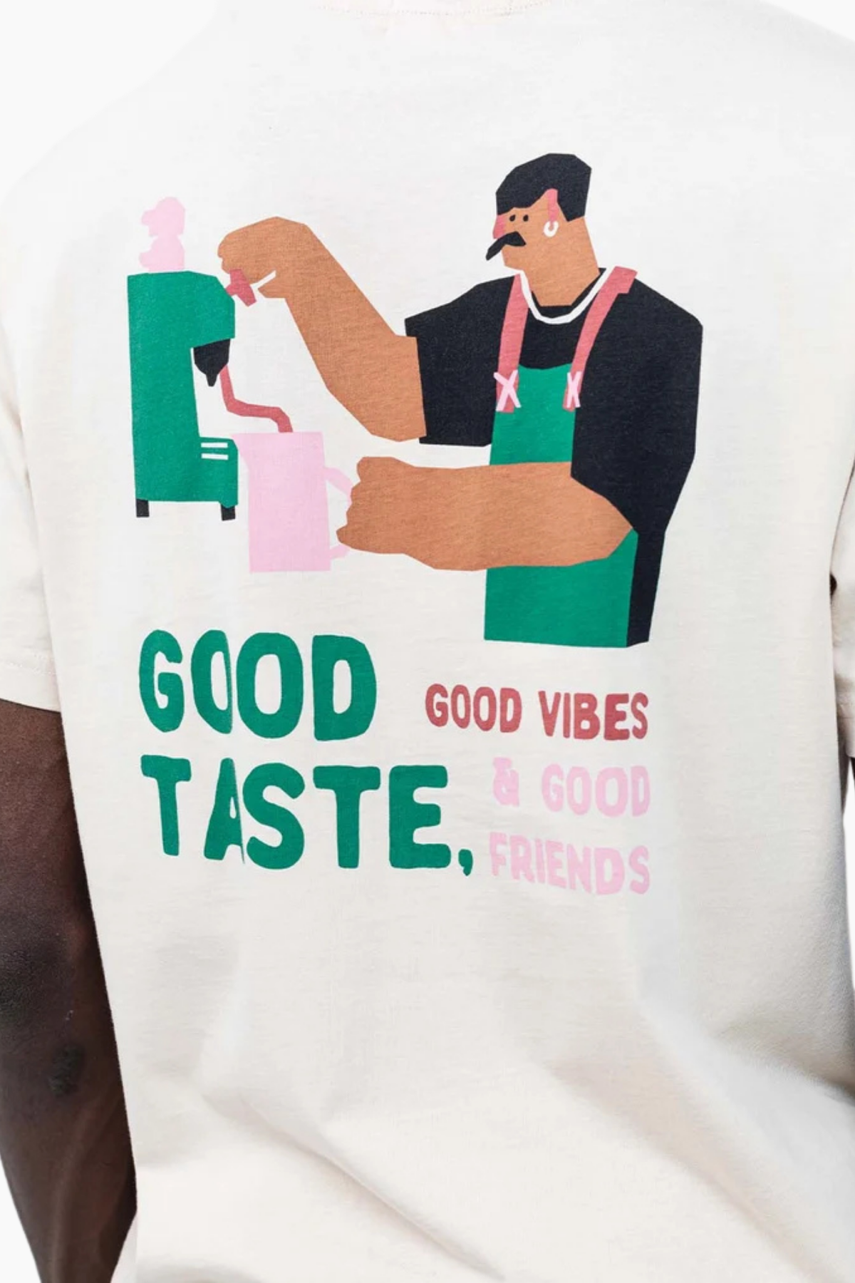 Detalle de la ilustración Good Taste de inspiración café y barista de la camiseta Cream Local de OLOW