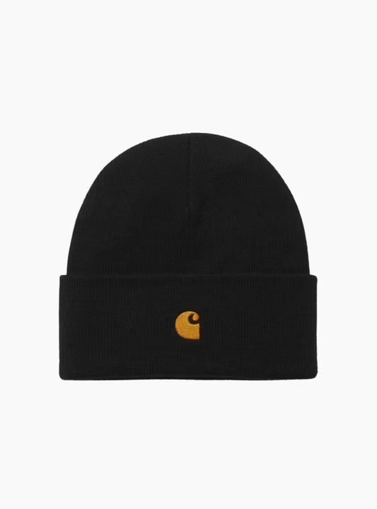 Gorro Chase Beanie Black Carhartt WIP con logo bordado dorado