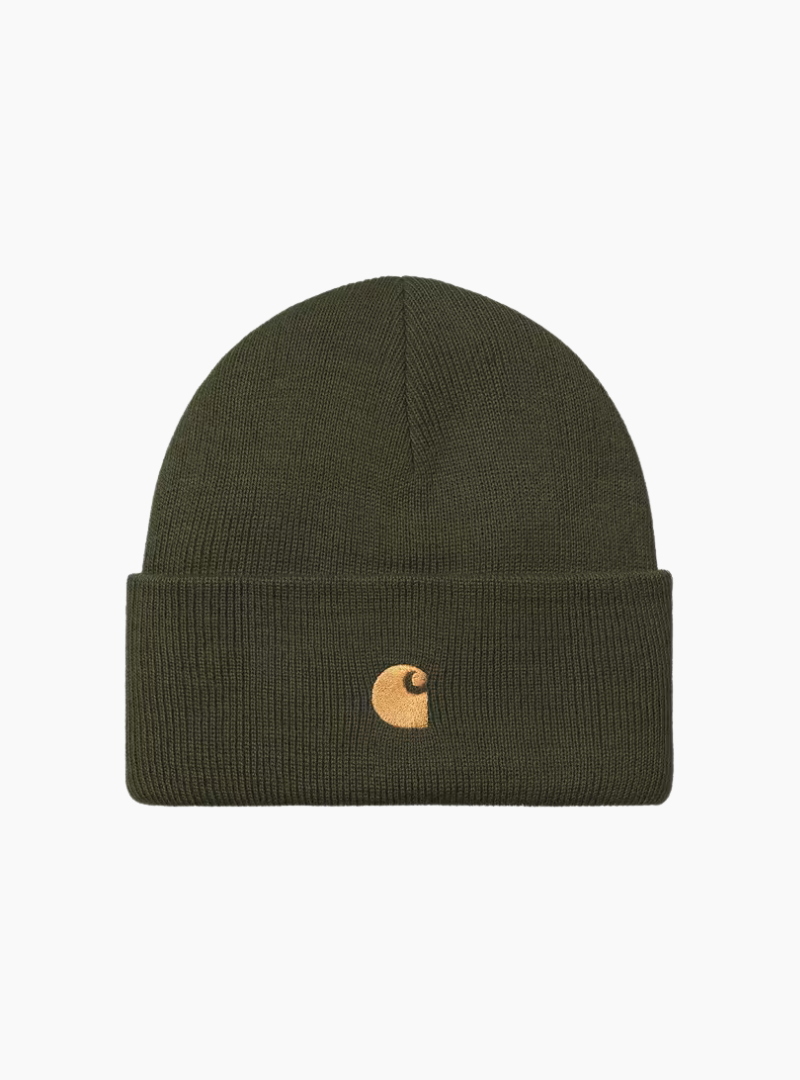 Gorro Chase Beanie Olive Carhartt WIP con logo bordado dorado