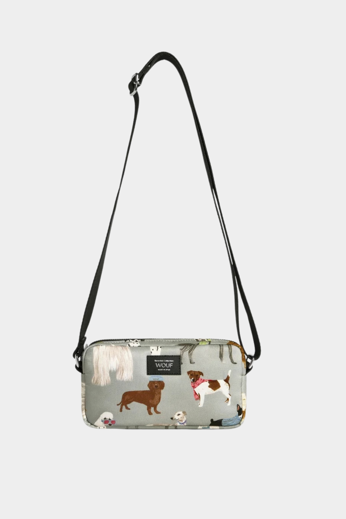 Mini bolso Wouf Puppy gris con estampado de perros, bandolera ajustable y cierre de cremallera YKK