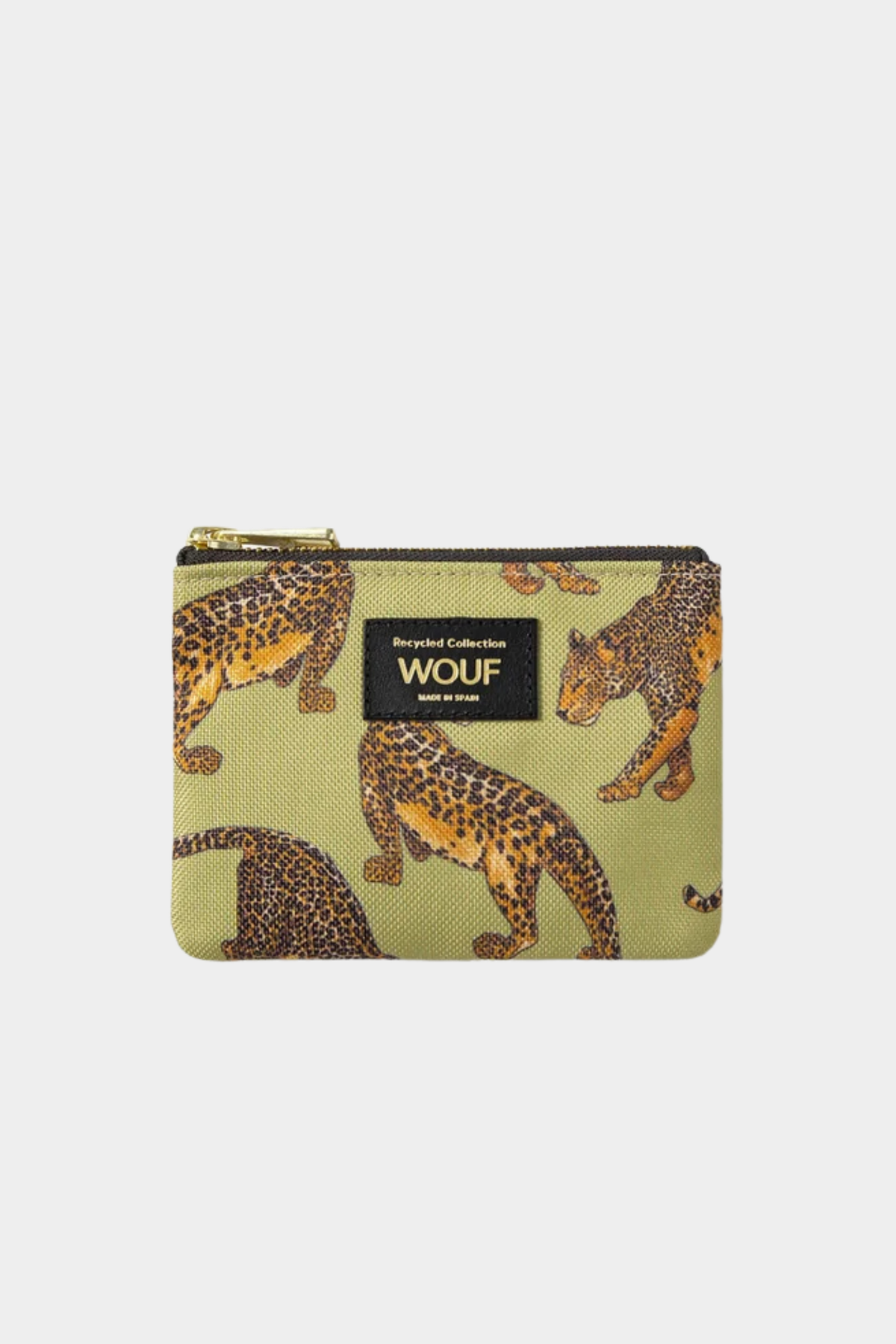 Monedero Wouf Avo Leopard en verde con estampado de leopardos, poliéster reciclado y cierre de cremallera YKK
