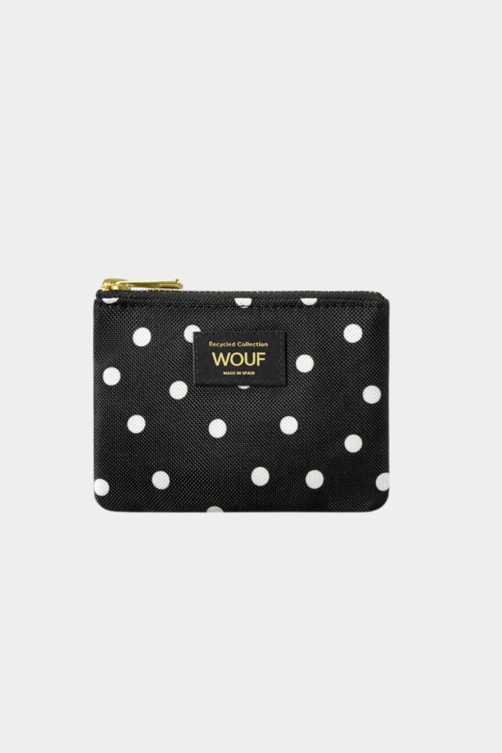 Monedero pequeño Wouf Grace negro con lunares blancos, cremallera YKK y etiqueta frontal de piel reciclada