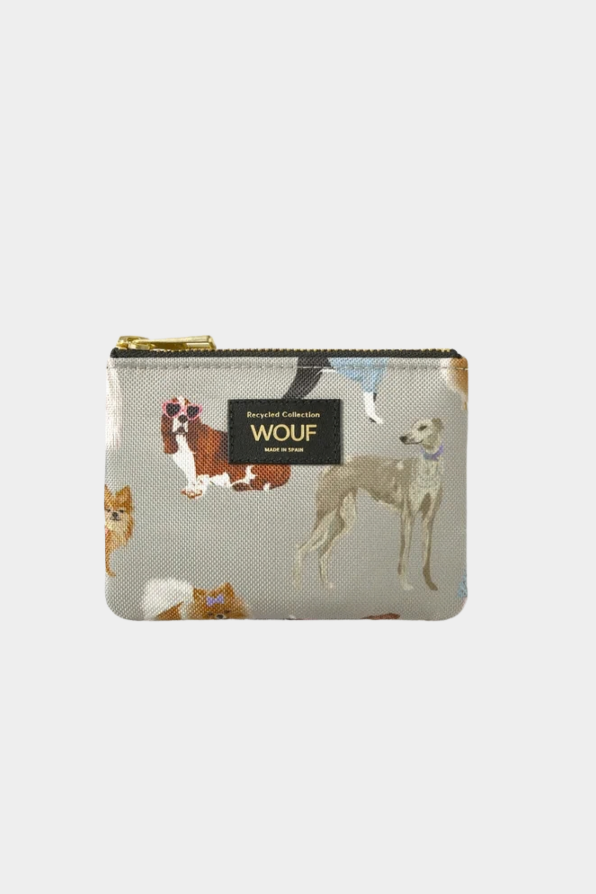 Monedero pequeño Wouf Puppy con estampado de perros multicolor sobre fondo gris y cierre de cremallera YKK