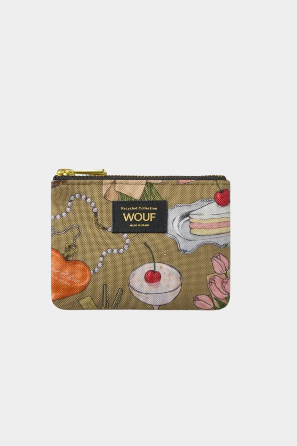 Monedero pequeño Wouf Tender con estampado ilustrado multicolor sobre fondo caqui y cierre de cremallera YKK