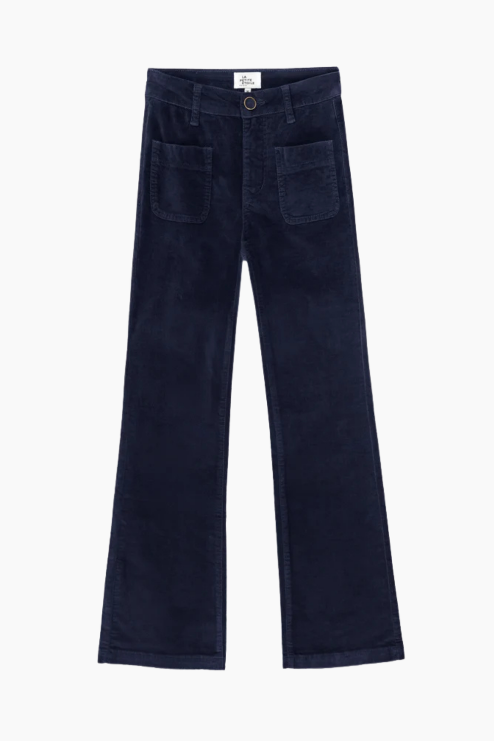 Pantalón flare Sonny azul marino de mujer con talle alto, bolsillos delanteros y pernera acampanada