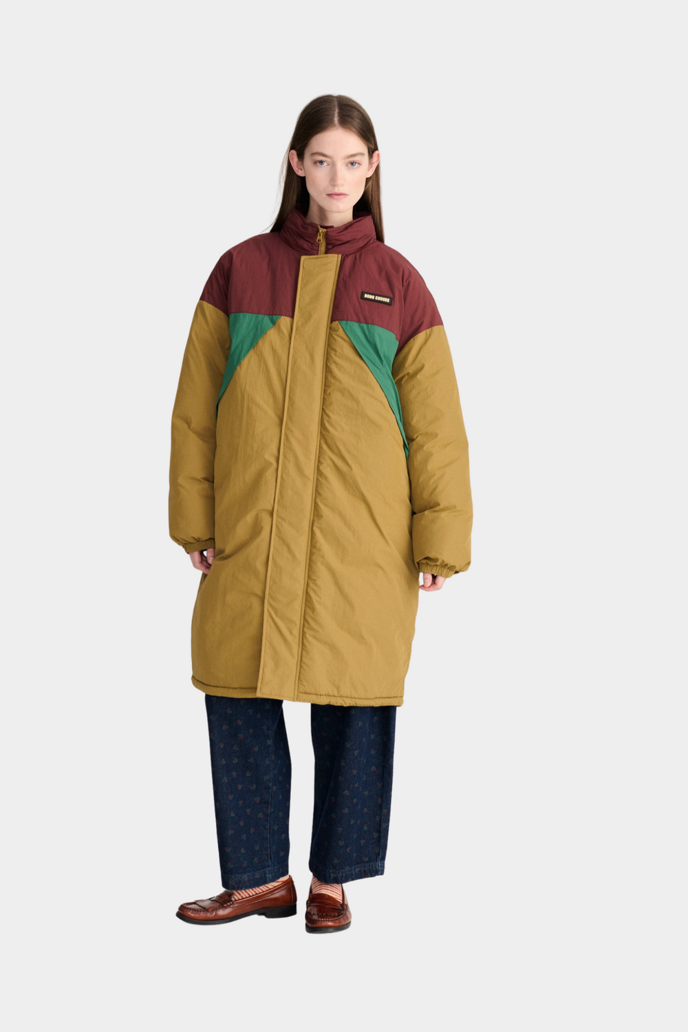 Parka acolchada larga Bobo Choses de mujer con diseño color block en mostaza, burdeos y verde