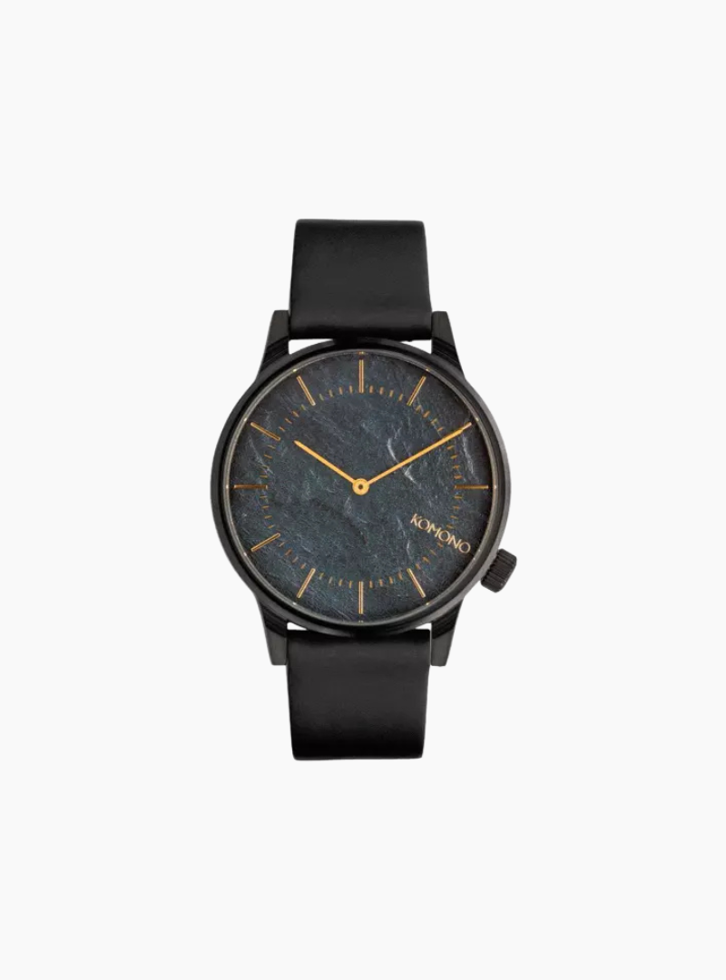 Reloj Komono Winston Pewter con correa de cuero italiano negro y esfera gris mate